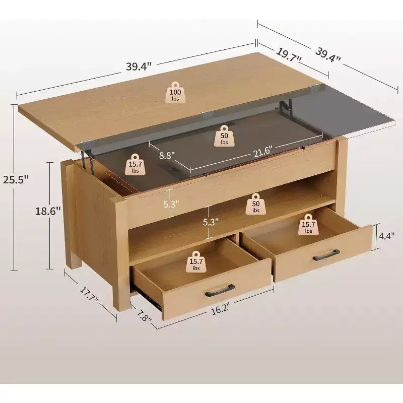 Transforming Lift Top Coffee Table, Converts to a Dining Table or Desk with Ample Storage
