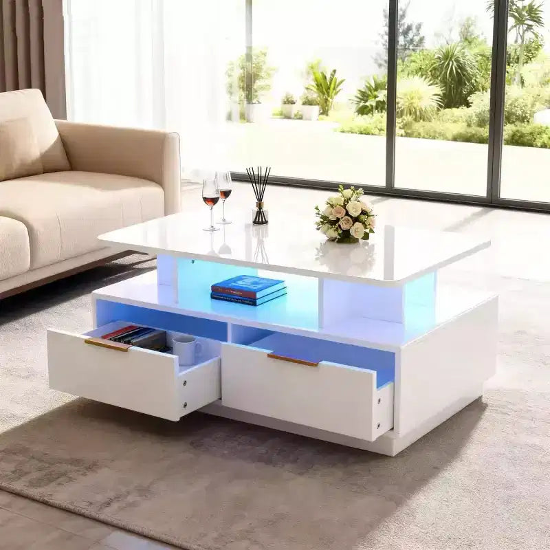 Coffee Table, Modern Rectangular Center Table with Adjustable Color Lights, 4 Drawers & Open Shelf, 35 White Sofa Table for Living Room