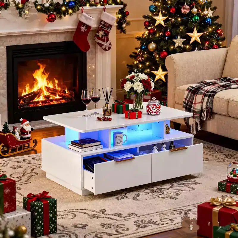 Coffee Table, Modern Rectangular Center Table with Adjustable Color Lights, 4 Drawers & Open Shelf, 35 White Sofa Table for Living Room