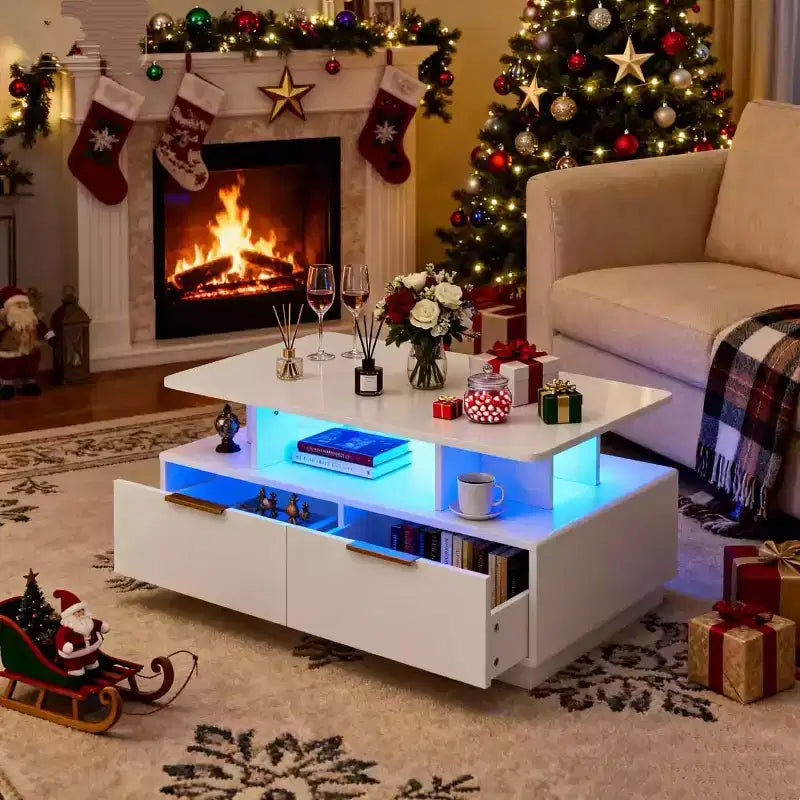 Coffee Table, Modern Rectangular Center Table with Adjustable Color Lights, 4 Drawers & Open Shelf, 35 White Sofa Table for Living Room
