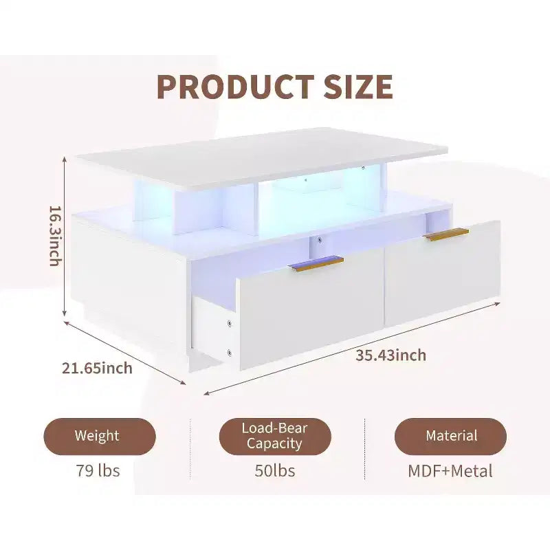 Coffee Table, Modern Rectangular Center Table with Adjustable Color Lights, 4 Drawers & Open Shelf, 35 White Sofa Table for Living Room