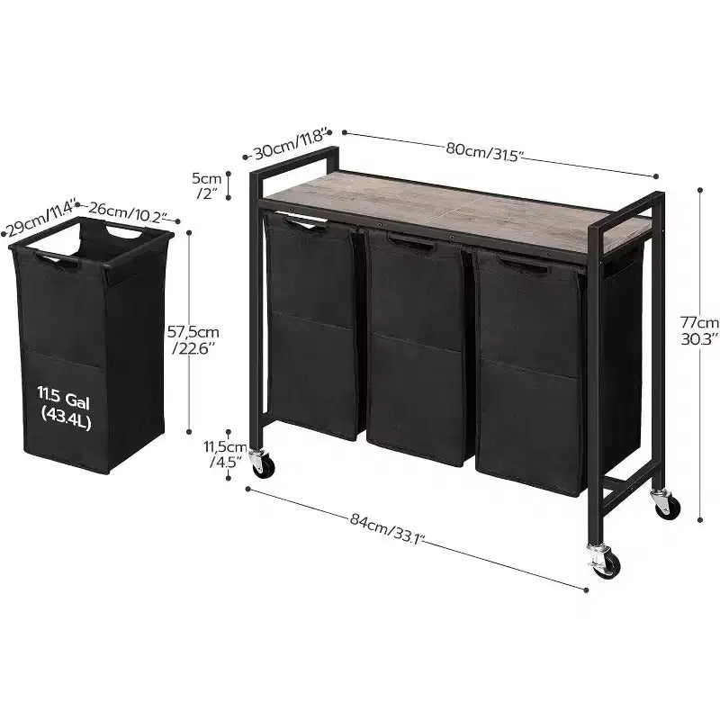 ACOINEL 3 Section Laundry Sorter, 311.5 Gal (43.4L) Rolling Laundry Hamper with Wheels, Greige & Black for Laundry Room Bathroom Bedroom
