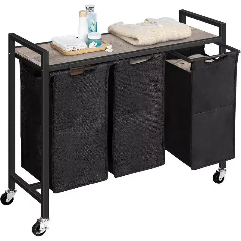 ACOINEL 3 Section Laundry Sorter, 311.5 Gal (43.4L) Rolling Laundry Hamper with Wheels, Greige & Black for Laundry Room Bathroom Bedroom