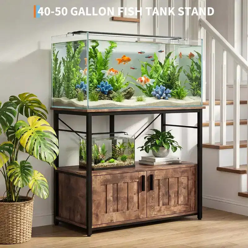 Aquarium Stand & Cabinet,Sturdy Metal Frame with Wooden Shelf for Fish Tanks, Turtle & Reptile Terrariums for Living & Dining Room