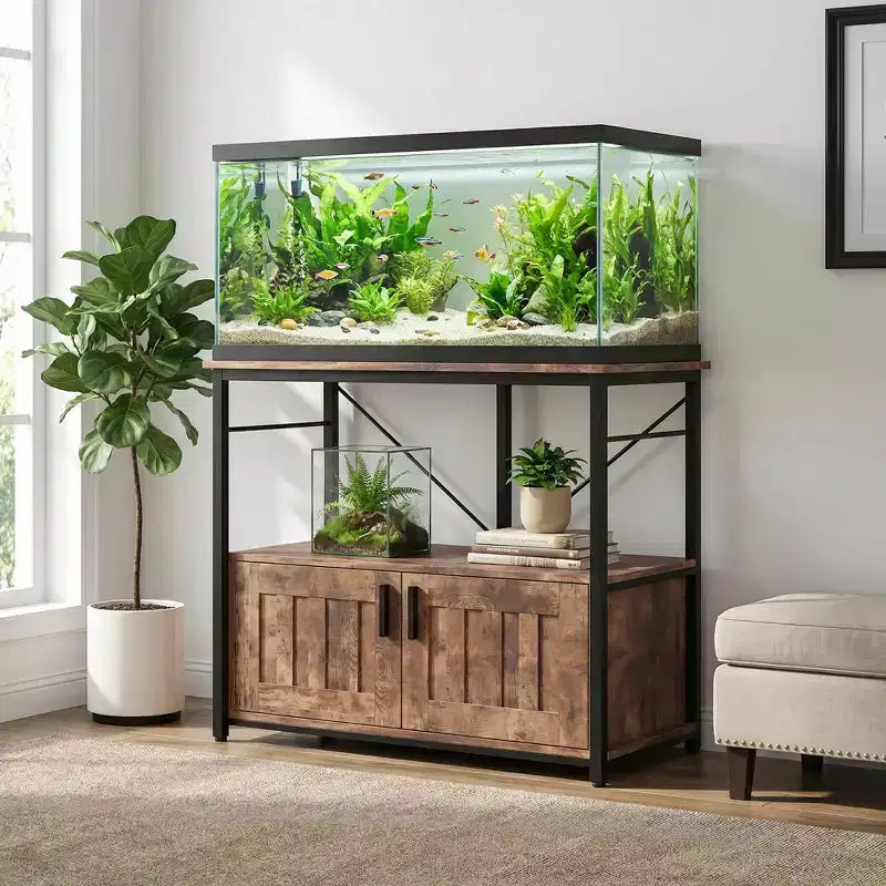 Aquarium Stand & Cabinet,Sturdy Metal Frame with Wooden Shelf for Fish Tanks, Turtle & Reptile Terrariums for Living & Dining Room