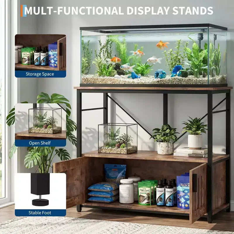 Aquarium Stand & Cabinet,Sturdy Metal Frame with Wooden Shelf for Fish Tanks, Turtle & Reptile Terrariums for Living & Dining Room