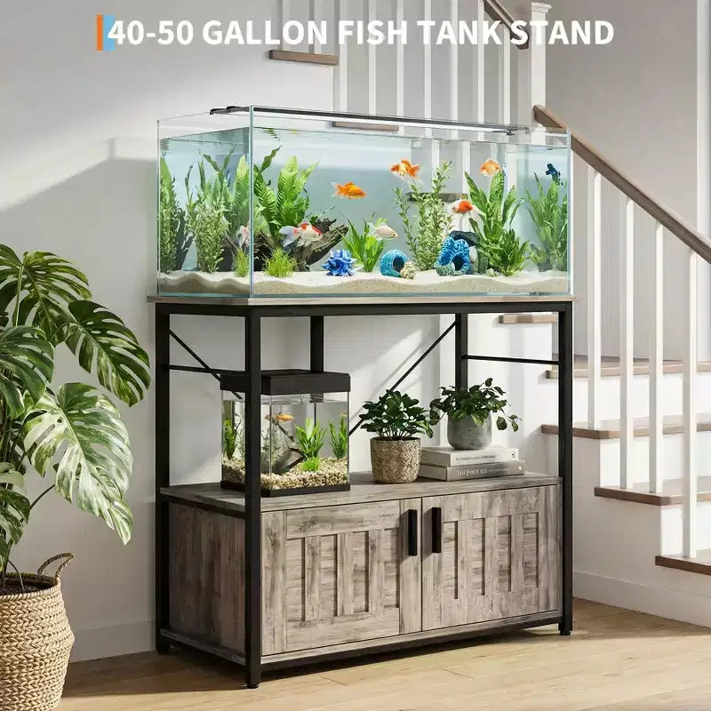 Aquarium Stand & Cabinet,Sturdy Metal Frame with Wooden Shelf for Fish Tanks, Turtle & Reptile Terrariums for Living & Dining Room