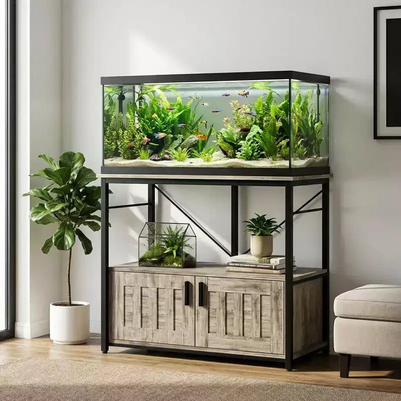 Aquarium Stand & Cabinet,Sturdy Metal Frame with Wooden Shelf for Fish Tanks, Turtle & Reptile Terrariums for Living & Dining Room