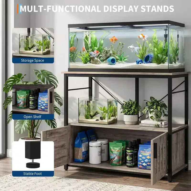 Aquarium Stand & Cabinet,Sturdy Metal Frame with Wooden Shelf for Fish Tanks, Turtle & Reptile Terrariums for Living & Dining Room
