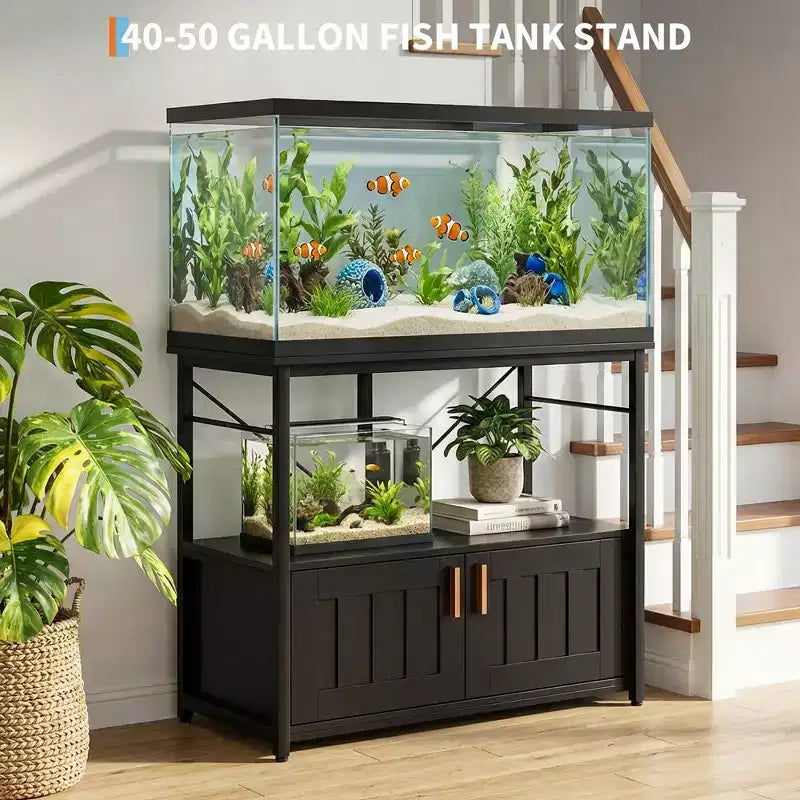 Aquarium Stand & Cabinet,Sturdy Metal Frame with Wooden Shelf for Fish Tanks, Turtle & Reptile Terrariums for Living & Dining Room