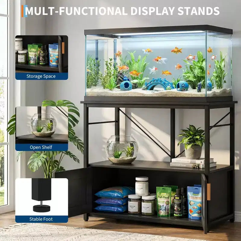 Aquarium Stand & Cabinet,Sturdy Metal Frame with Wooden Shelf for Fish Tanks, Turtle & Reptile Terrariums for Living & Dining Room