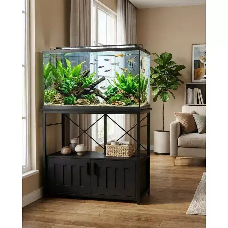 Aquarium Stand & Cabinet,Sturdy Metal Frame with Wooden Shelf for Fish Tanks, Turtle & Reptile Terrariums for Living & Dining Room