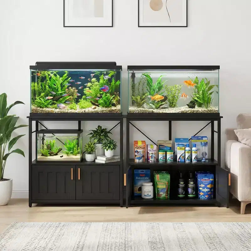 Aquarium Stand & Cabinet,Sturdy Metal Frame with Wooden Shelf for Fish Tanks, Turtle & Reptile Terrariums for Living & Dining Room