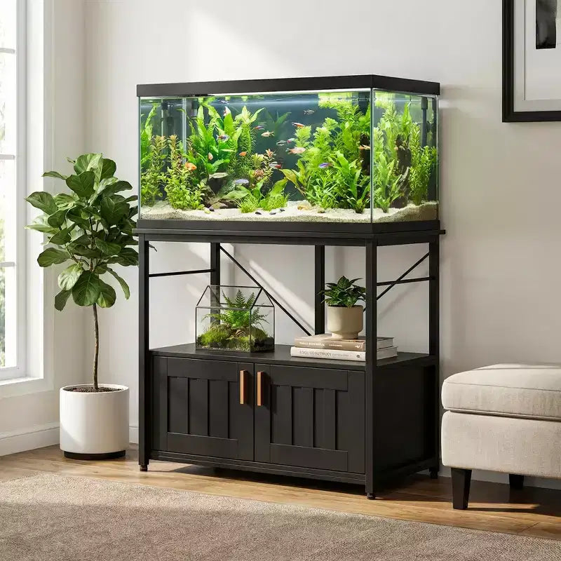 Aquarium Stand & Cabinet,Sturdy Metal Frame with Wooden Shelf for Fish Tanks, Turtle & Reptile Terrariums for Living & Dining Room