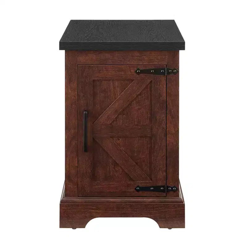 Farmhouse End Table with Barn Door, Adjustable Storage Shelf, and Metal Accents for Living Room or Bedroom