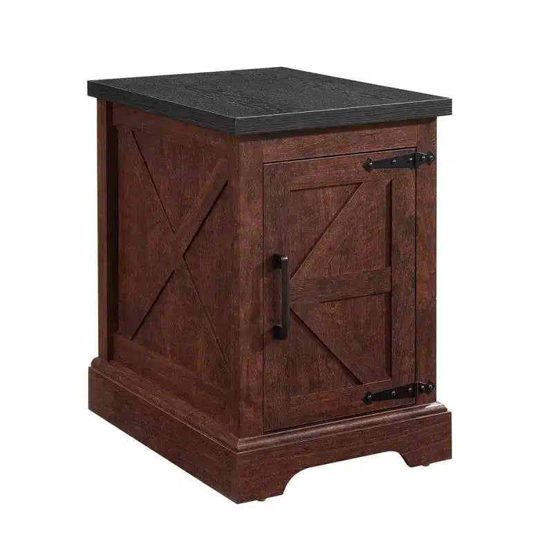 Farmhouse End Table with Barn Door, Adjustable Storage Shelf, and Metal Accents for Living Room or Bedroom