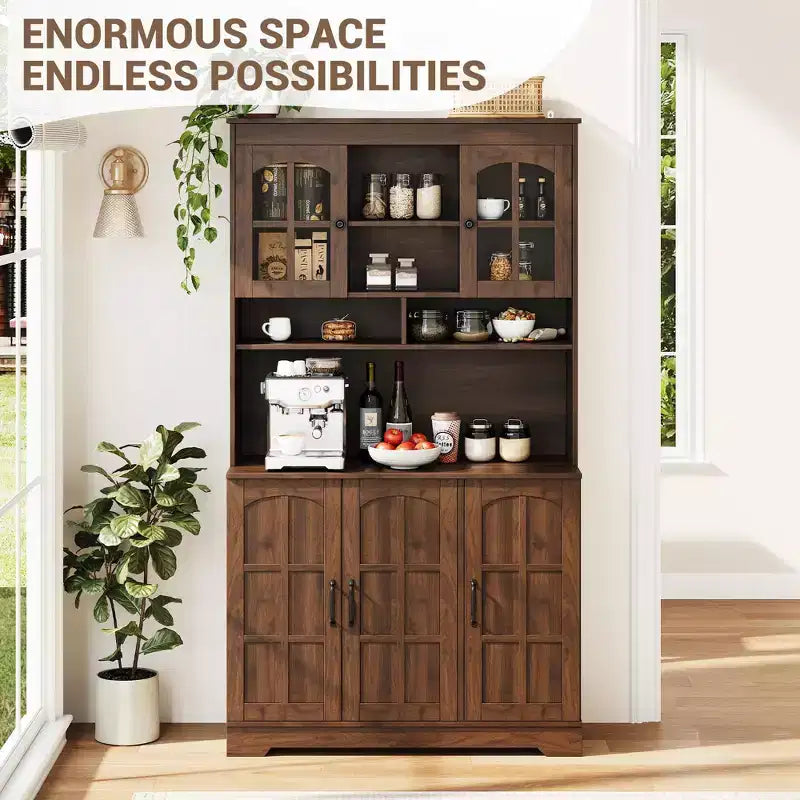 CuisinSmart Pantry Cabinet with Charging Station,70.9 Inch Kitchen Cabinet with Glass Doors, Tall Kitchen Pantry Storage Cabinet with Hutch