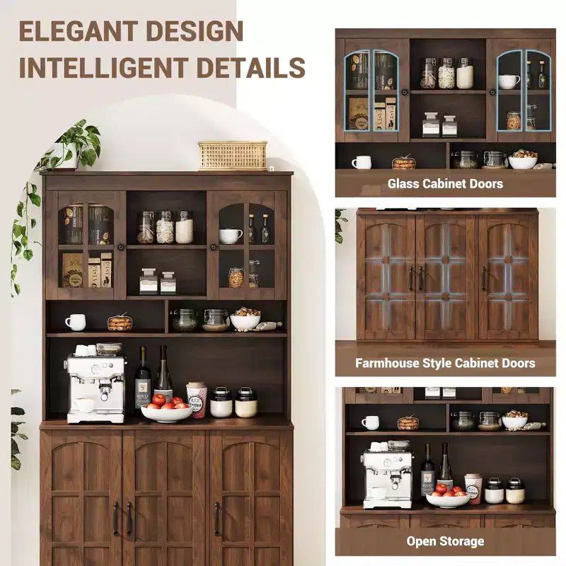 CuisinSmart Pantry Cabinet with Charging Station,70.9 Inch Kitchen Cabinet with Glass Doors, Tall Kitchen Pantry Storage Cabinet with Hutch