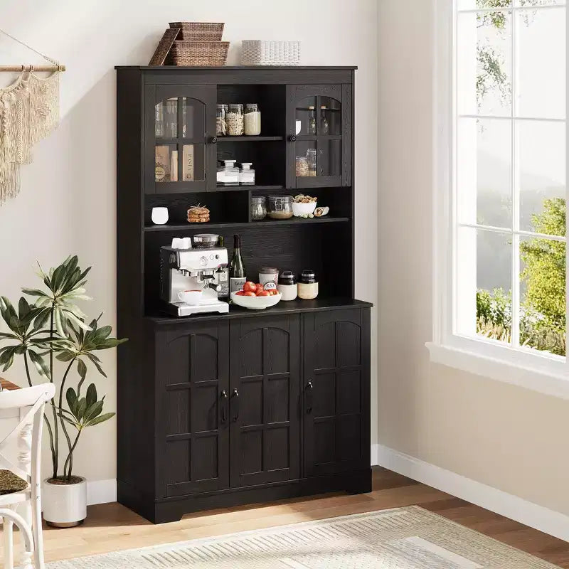 CuisinSmart Pantry Cabinet with Charging Station,70.9 Inch Kitchen Cabinet with Glass Doors, Tall Kitchen Pantry Storage Cabinet with Hutch