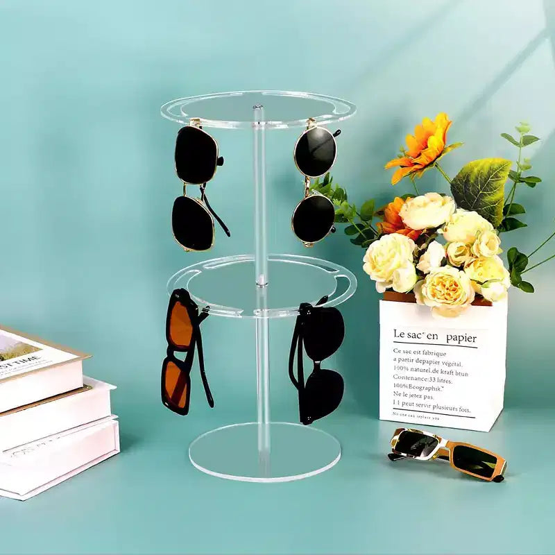 CuisinSmart Sunglasses Organizer Glasses Holder Stand Rotating Sunglasses Rack with Wood Base Acrylic Sunglass Storage Display