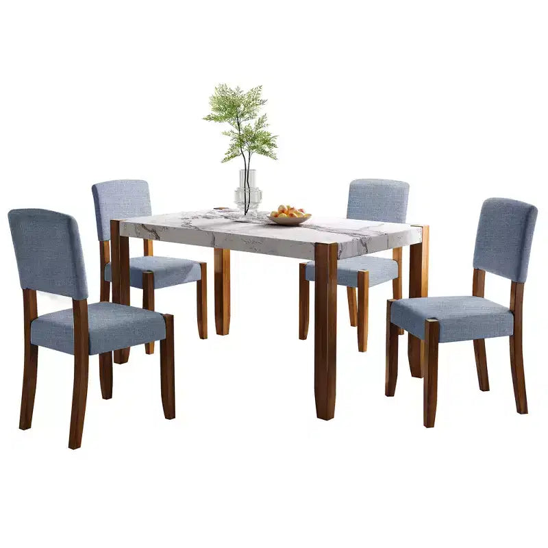 5-Piece Dining Table Set with 46-Inch Faux Marble Table and 4 Upholstered Chairs, Rubberwood Legs, for Dinette