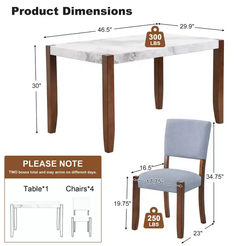 5-Piece Dining Table Set with 46-Inch Faux Marble Table and 4 Upholstered Chairs, Rubberwood Legs, for Dinette