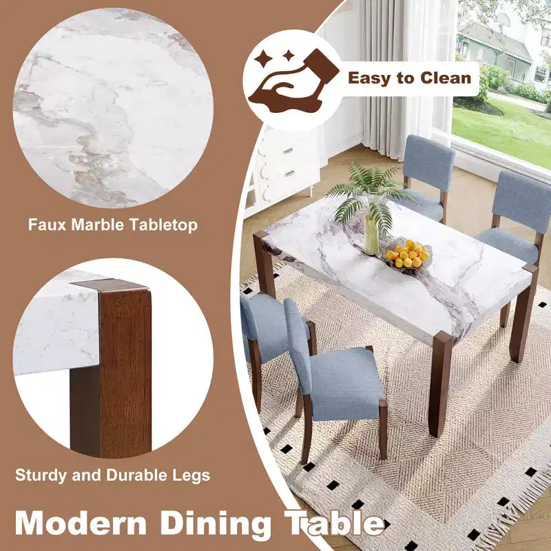 5-Piece Dining Table Set with 46-Inch Faux Marble Table and 4 Upholstered Chairs, Rubberwood Legs, for Dinette