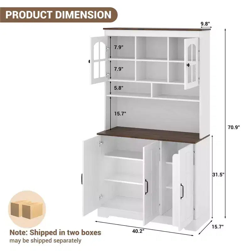 COZONY 70.9 Tall Pantry Cabinet with Glass Doors, Kitchen Pantry Storage Cabinet with Hutch for Dining Room & Living Room