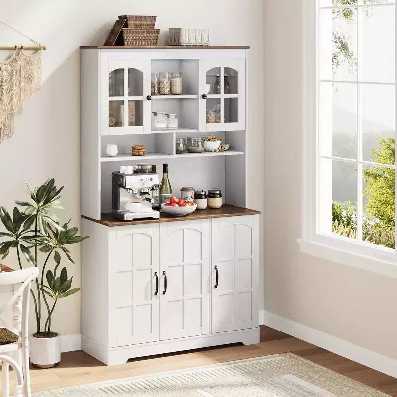 COZONY 70.9 Tall Pantry Cabinet with Glass Doors, Kitchen Pantry Storage Cabinet with Hutch for Dining Room & Living Room