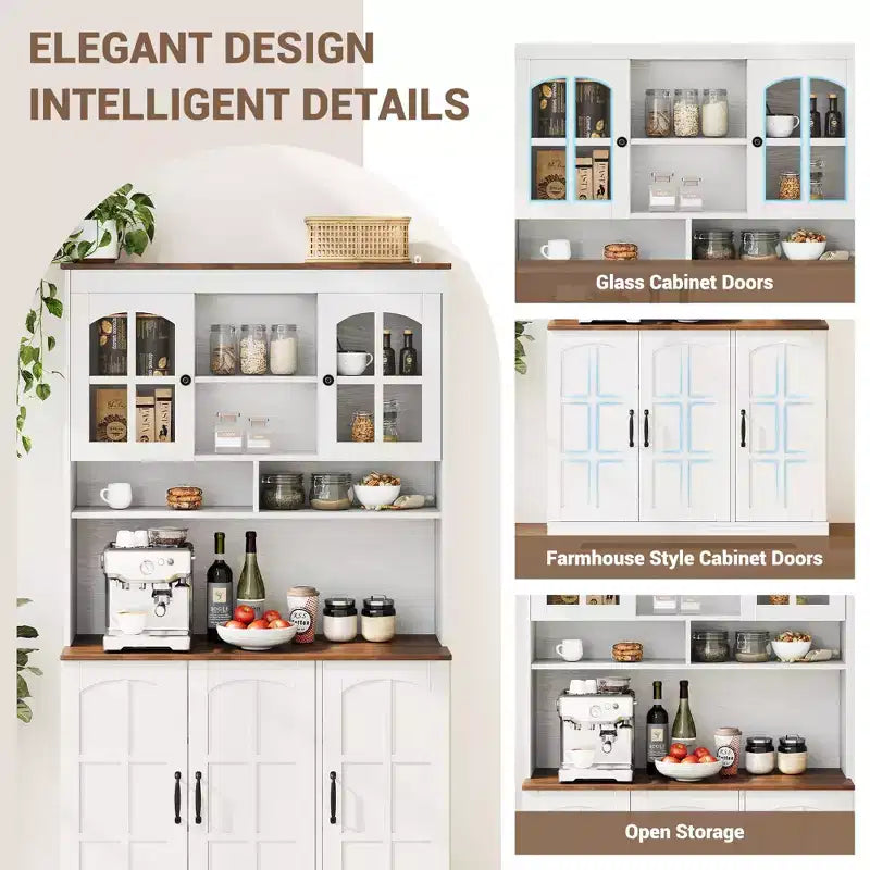 COZONY 70.9 Tall Pantry Cabinet with Glass Doors, Kitchen Pantry Storage Cabinet with Hutch for Dining Room & Living Room