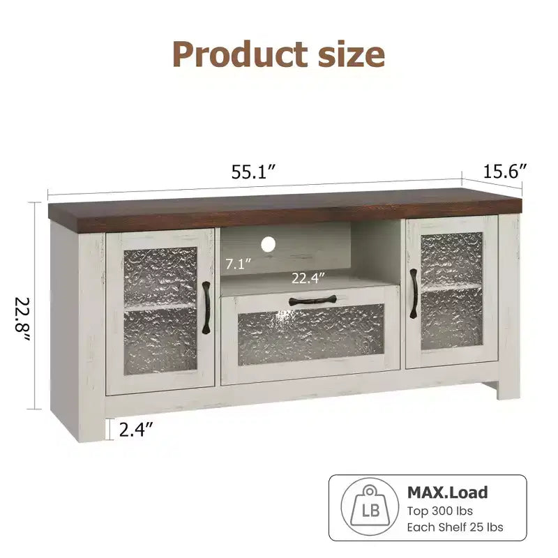 55 Farmhouse TV Stand with Acrylic Doors - 300lb Weight Capacity & Adjustable Shelves Entertainment Center for Living Room or Bedroom
