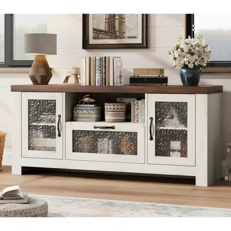 55 Farmhouse TV Stand with Acrylic Doors - 300lb Weight Capacity & Adjustable Shelves Entertainment Center for Living Room or Bedroom