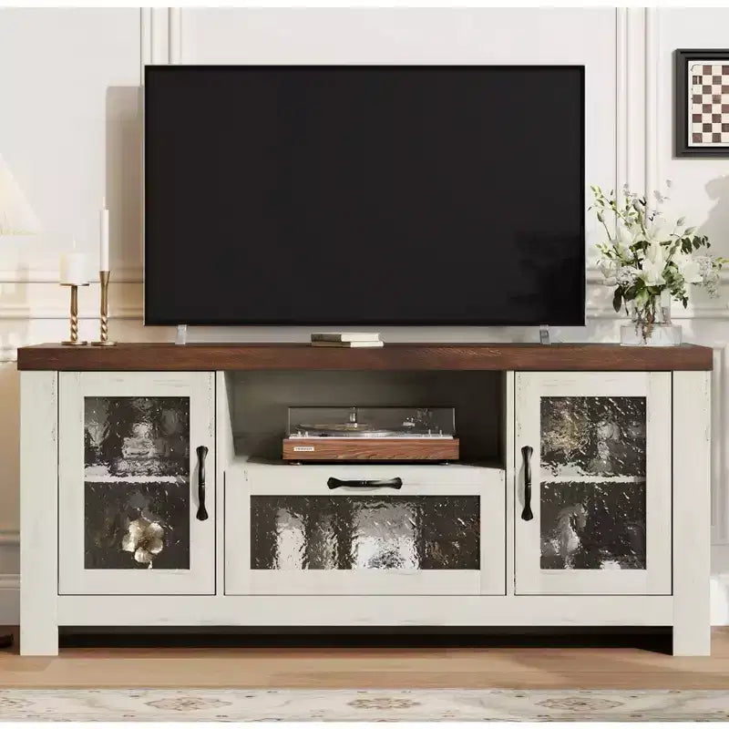 55 Farmhouse TV Stand with Acrylic Doors - 300lb Weight Capacity & Adjustable Shelves Entertainment Center for Living Room or Bedroom
