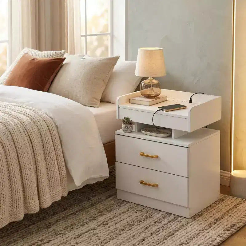 FurnitureR Nightstand with LED Lights & USB Charging, Floating Design Bedside Table with 2 Drawers, Modern End Table for Bedroom Living Room Office