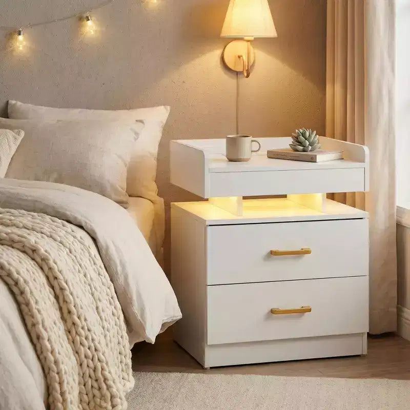 FurnitureR Nightstand with LED Lights & USB Charging, Floating Design Bedside Table with 2 Drawers, Modern End Table for Bedroom Living Room Office