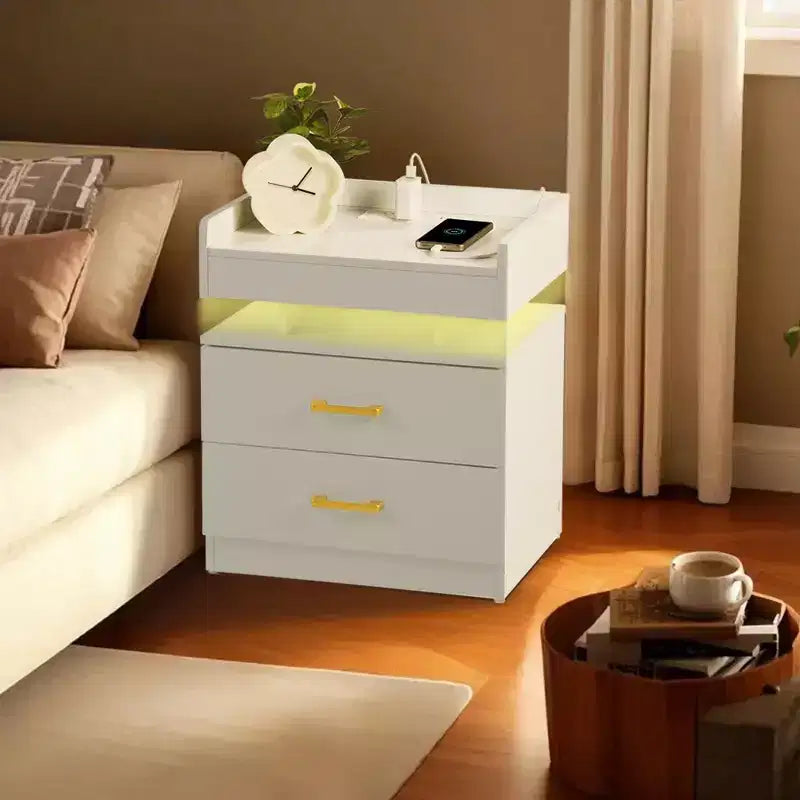 FurnitureR Nightstand with LED Lights & USB Charging, Floating Design Bedside Table with 2 Drawers, Modern End Table for Bedroom Living Room Office