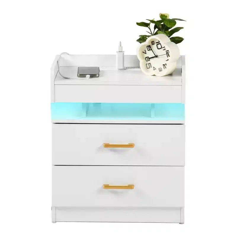 FurnitureR Nightstand with LED Lights & USB Charging, Floating Design Bedside Table with 2 Drawers, Modern End Table for Bedroom Living Room Office
