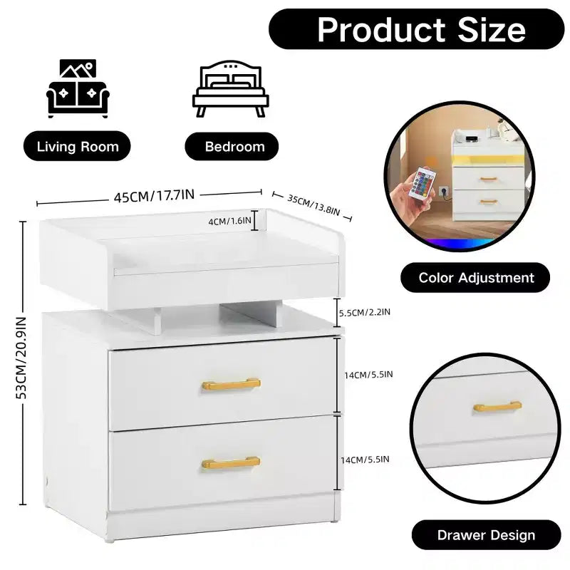 FurnitureR Nightstand with LED Lights & USB Charging, Floating Design Bedside Table with 2 Drawers, Modern End Table for Bedroom Living Room Office
