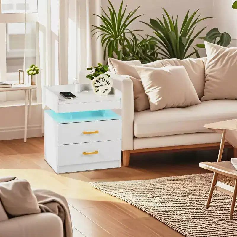 FurnitureR Nightstand with LED Lights & USB Charging, Floating Design Bedside Table with 2 Drawers, Modern End Table for Bedroom Living Room Office