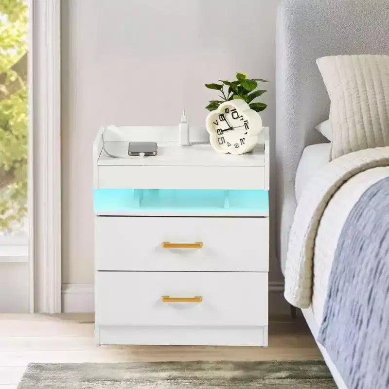 FurnitureR Nightstand with LED Lights & USB Charging, Floating Design Bedside Table with 2 Drawers, Modern End Table for Bedroom Living Room Office