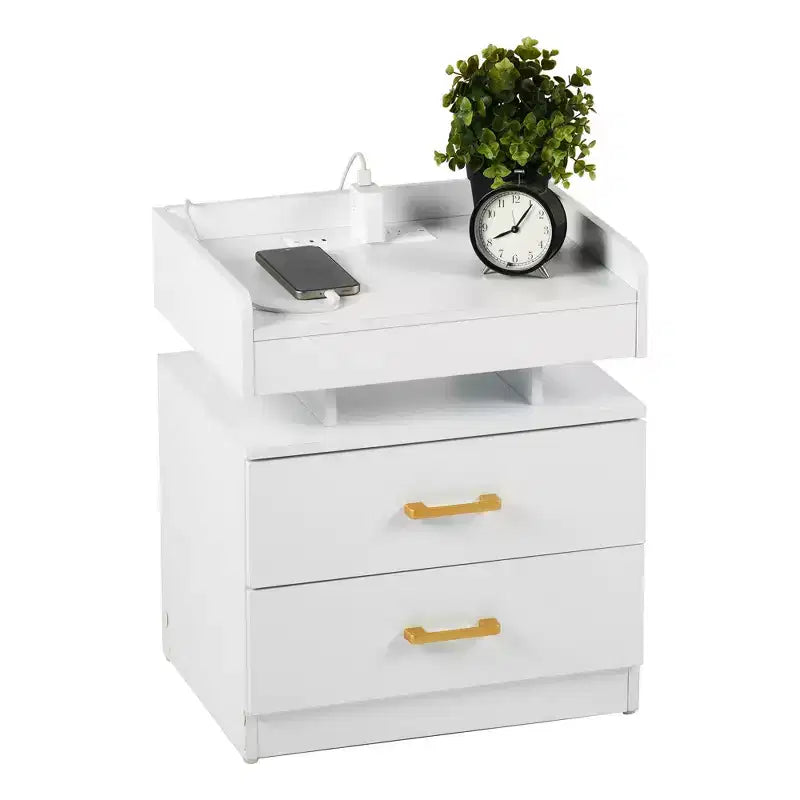 FurnitureR Nightstand with LED Lights & USB Charging, Floating Design Bedside Table with 2 Drawers, Modern End Table for Bedroom Living Room Office