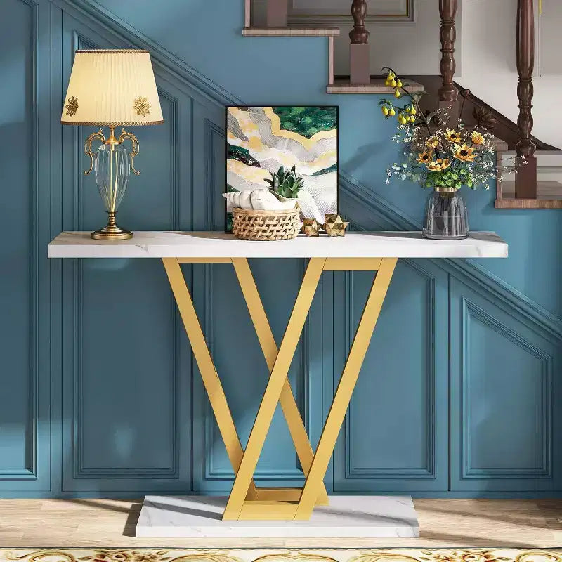 Lantine 43-Inch Gold Console Table, Modern Hallway Entryway and Sofa Table for Living Room, Faux Marble White, Easy Assembly