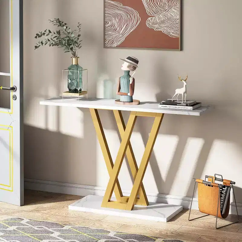Lantine 43-Inch Gold Console Table, Modern Hallway Entryway and Sofa Table for Living Room, Faux Marble White, Easy Assembly