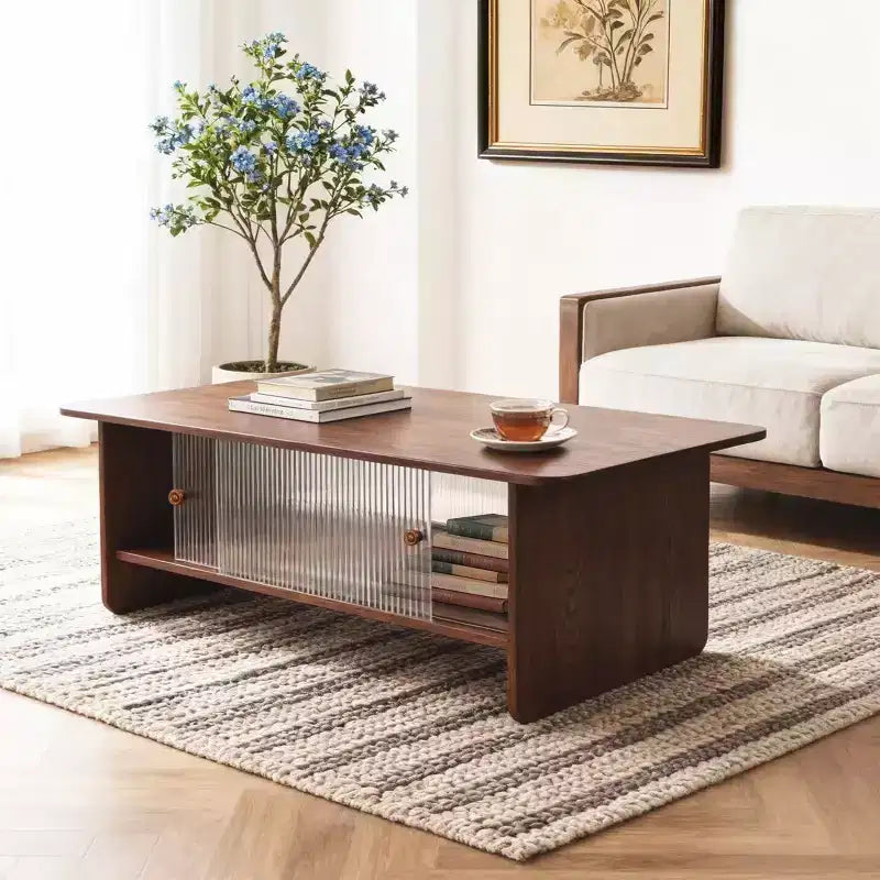 GDFStudio Faustine Modern Rectangular Coffee Table with Glass Sliding Door