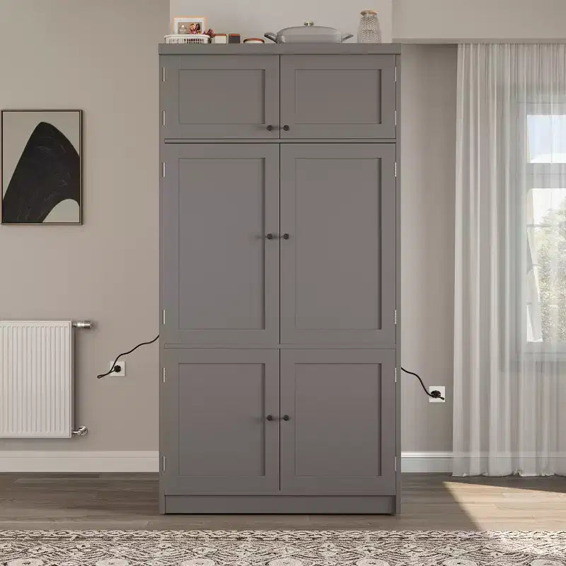 GDFStudio Hallie Large Shaker Style Kitchen Pantry with 2 Power Outlets, Adjustable and Door Shelves