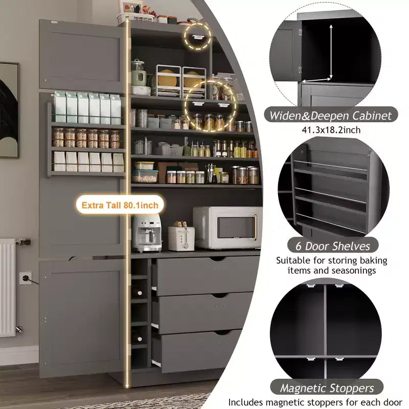 GDFStudio Hallie Large Shaker Style Kitchen Pantry with 2 Power Outlets, Adjustable and Door Shelves