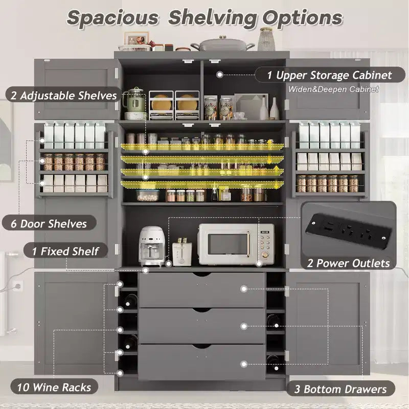 GDFStudio Hallie Large Shaker Style Kitchen Pantry with 2 Power Outlets, Adjustable and Door Shelves
