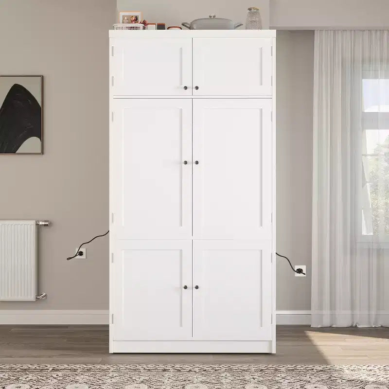 GDFStudio Hallie Large Shaker Style Kitchen Pantry with 2 Power Outlets, Adjustable and Door Shelves