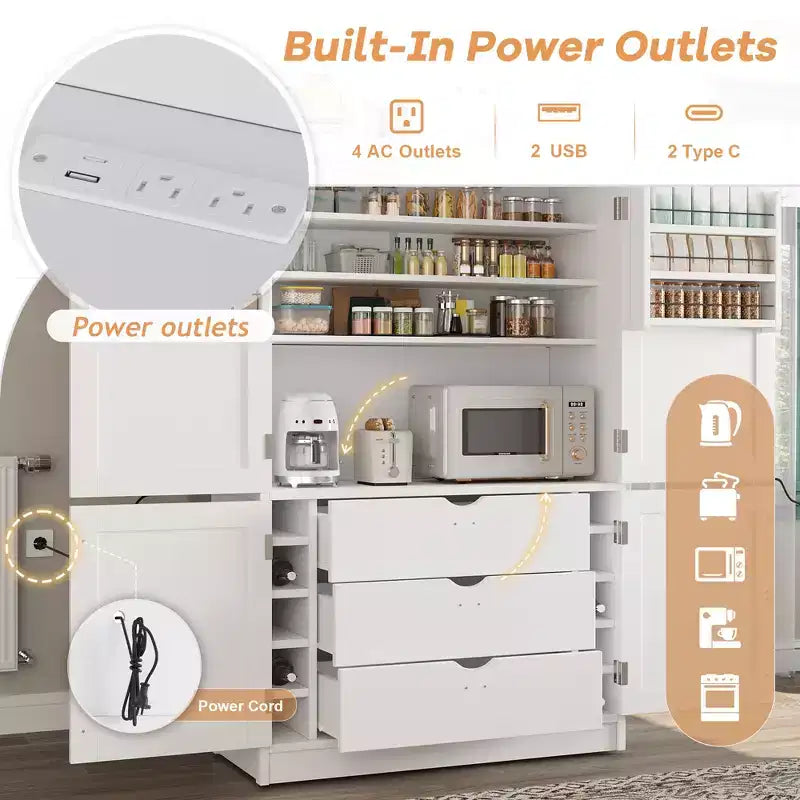 GDFStudio Hallie Large Shaker Style Kitchen Pantry with 2 Power Outlets, Adjustable and Door Shelves