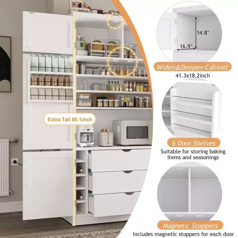 GDFStudio Hallie Large Shaker Style Kitchen Pantry with 2 Power Outlets, Adjustable and Door Shelves